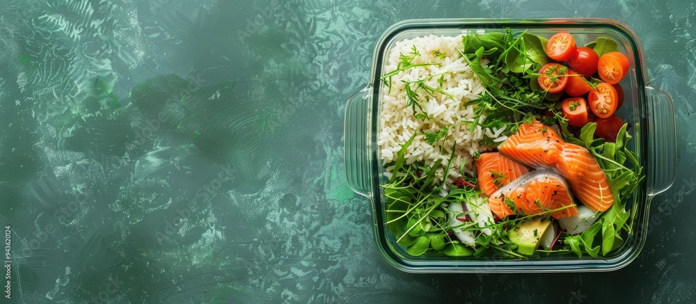 Aufkleber Glass container with a fresh salad salmon and rice on a green surface viewed from above with space for text in a charming copy space image