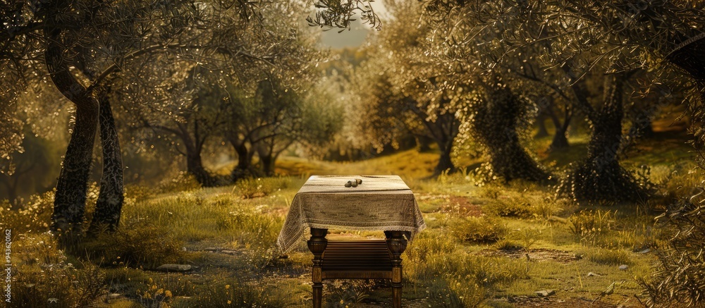 Leinwandbilder a rustic table with a tablecloth set against an olive tree grove provides a serene copy space image