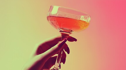 An elegant, pretty, slender female hand hold a cocktail, vintage retro 1960s to 1970s style, against a plain background