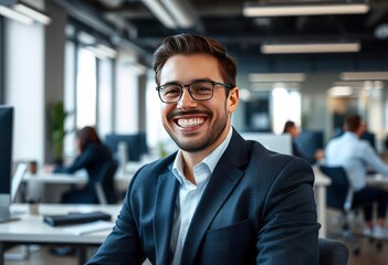 Fototapeta premium Portrait of a business man sitting in an office with his colleagues in the background. Happy business man working in a co-working office, ai