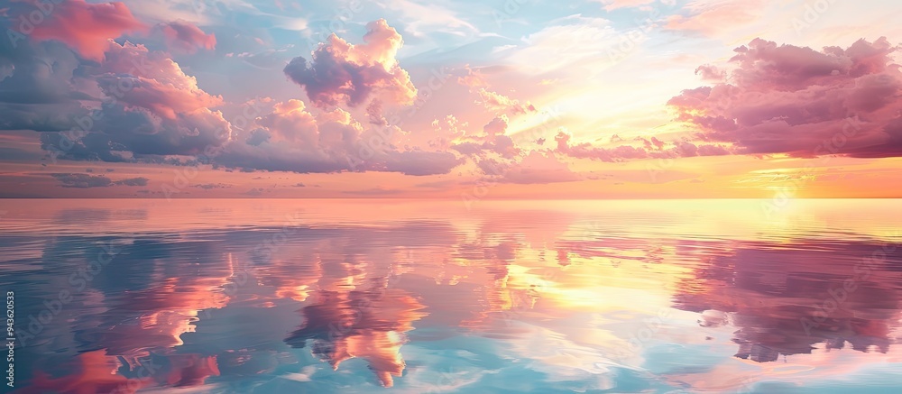 Poster Scenic view of a calm lake mirroring vibrant clouds offering a tranquil setting with ample copy space image
