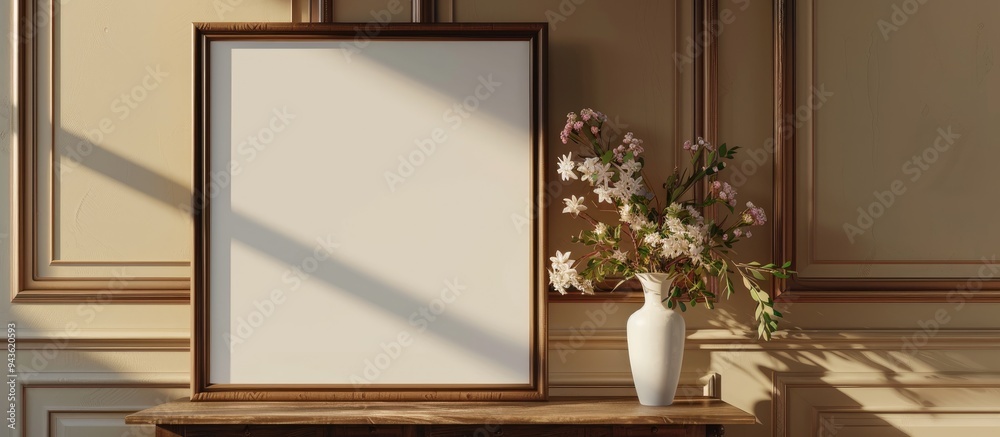 Poster a decorative frame on a wall and table with a vase of flowers providing a pleasant aesthetic appeal 