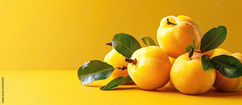 Aufkleber ripe quinces with leaves on a yellow backdrop in a copy space image
