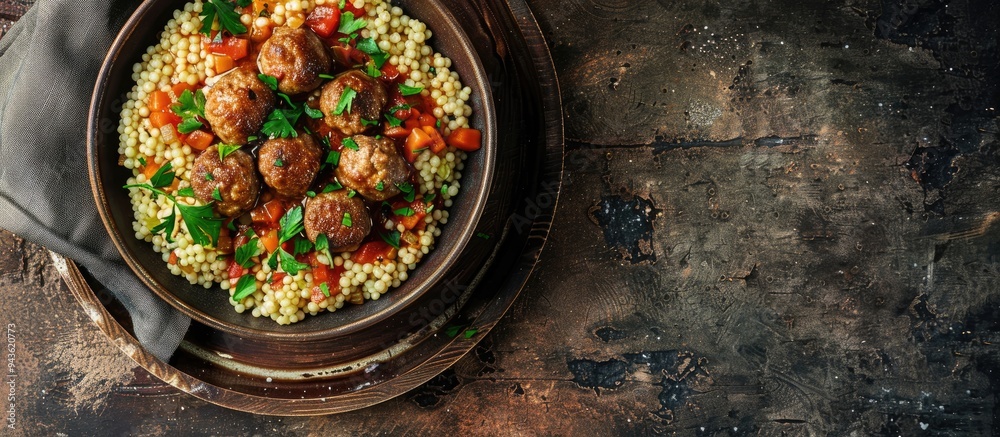 Aufkleber A delicious and fresh meal featuring couscous with meatballs in vegetable sauce set on a rustic table with a top view copy space image ideal for keto or paleo diets