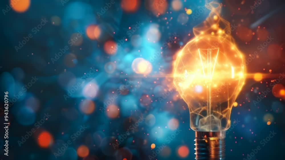 Poster futuristic digital light bulb composed of glowing networks and particles, symbolizing innovation and
