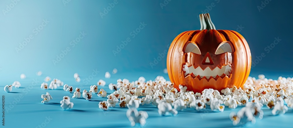 Poster A Halloween themed image featuring a pumpkin popcorn set against a blue background with space for text insertion. Creative banner. Copyspace image