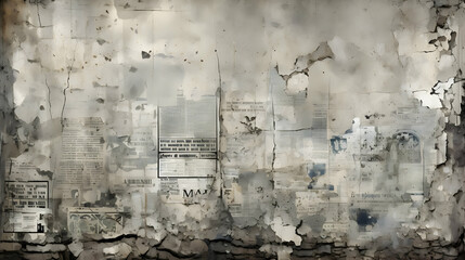 Obraz premium Weathered Wall Covered in Torn Newspaper Fragments, a Grunge Background