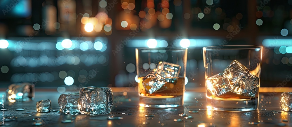 Poster A bar setting showing two glasses with ice cubes ready for a refreshing beverage with copy space image