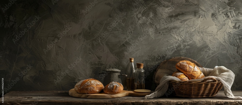 Poster Rustic setting with freshly baked bread perfect for a copy space image