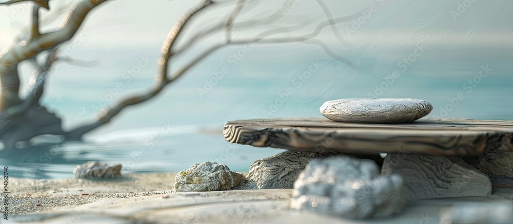 Aufkleber minimal abstract concept with a podium made of tree wood and stone on a realistic sandy beach backgr