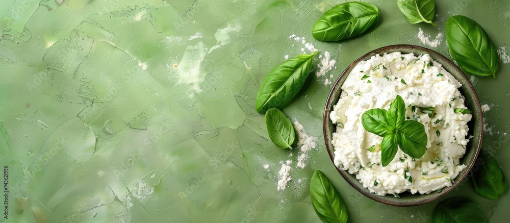Poster green table with fresh ricotta and basil cream cheese displayed from a top view perspective offers a