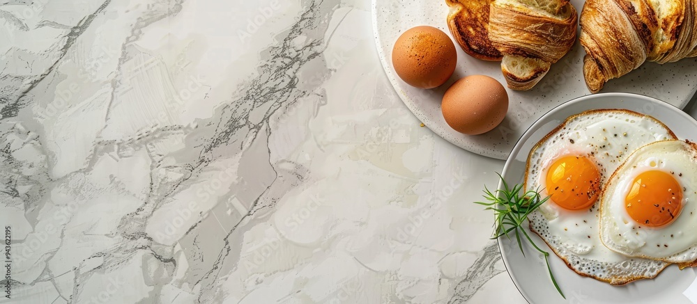 Poster High quality photo showcasing a delicious homemade breakfast from a top view with space for text or graphics. Creative banner. Copyspace image