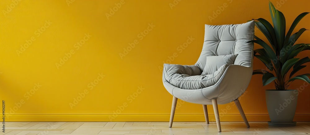 Aufkleber A chic grey armchair with a cushion is positioned next to a vivid yellow wall creating an ideal composition for a design with copy space image