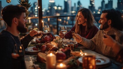 Thanksgiving celebration dinner on a rooftop with friends enjoying a city skyline view at sunset