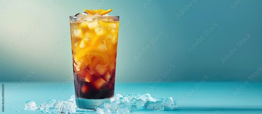 Poster trendy summer drink featuring espresso orange juice and syrup layered in a glass with ice on a blue 