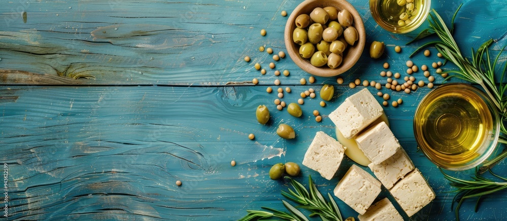 Poster flat lay composition with appetizing tofu soybeans olives and rosemary arranged on a blue wooden sur