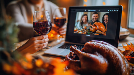 Virtual Thanksgiving celebration with family toasting wine glasses during video call, roasted turkey on table, remote holiday gathering, digital connection, festive atmosphere