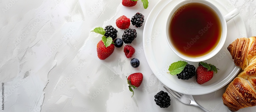 Aufkleber Delicious puff pastry and tea with berries on a white tabletop for a flat lay composition with room for text shown in the image. Creative banner. Copyspace image