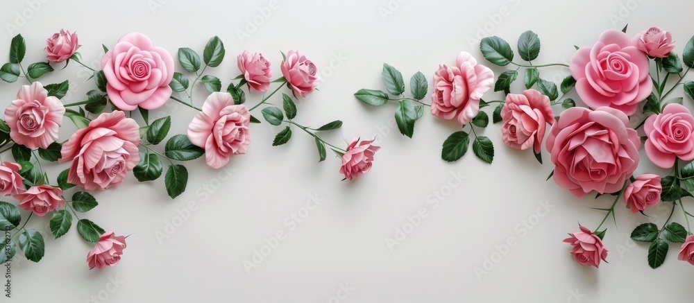 Sticker floral border with pink rose flowers and leaves on a white background with copy space image