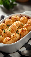 Fototapeta premium Midwestern hotdish in a casserole dish, topped with melted cheese and crispy tater tots, set on a checkered tablecloth with a serving spoon