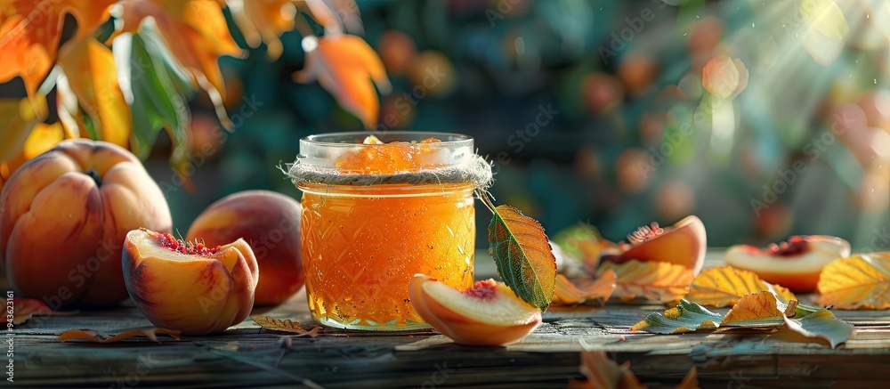 Poster autumn themed homemade peach jam in small jar with fruits on wooden table for fall preparations idea