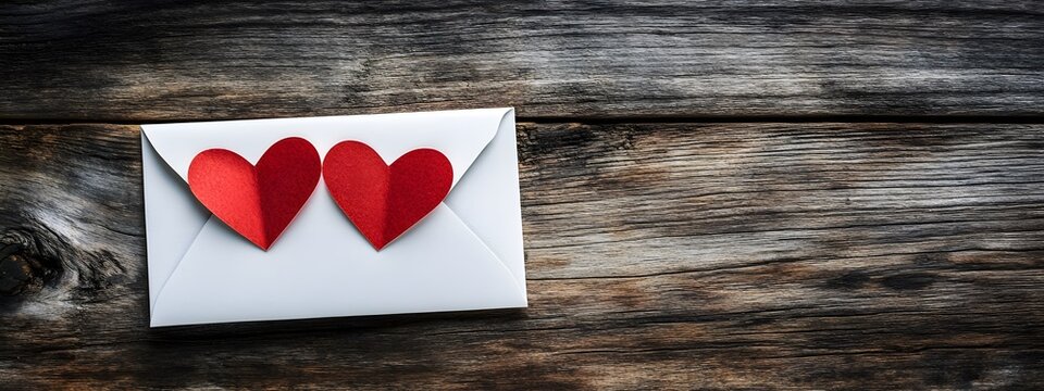  A white envelope with two red paper hearts on it lies against the background of gray wooden boards