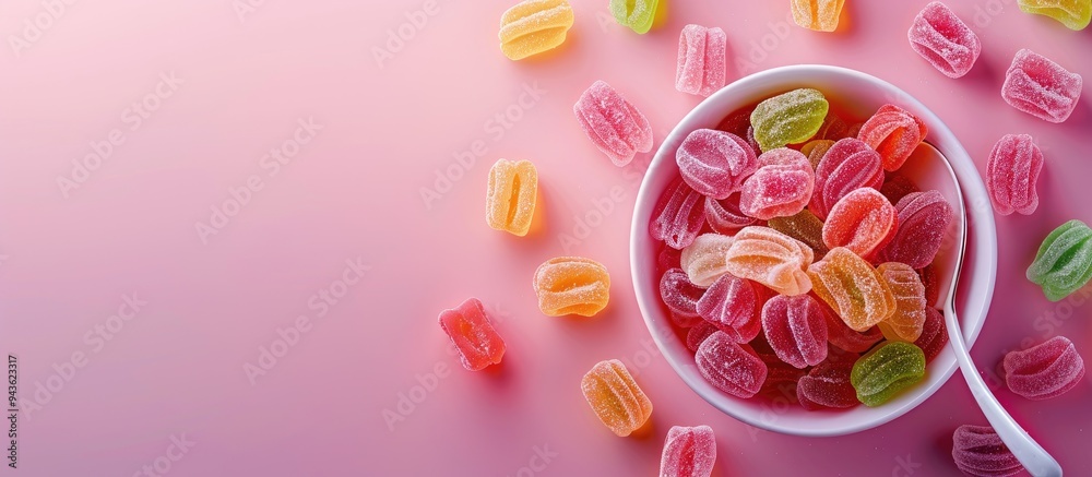 Poster spoonfuls of jelly candies on a pink backdrop with ample copy space image