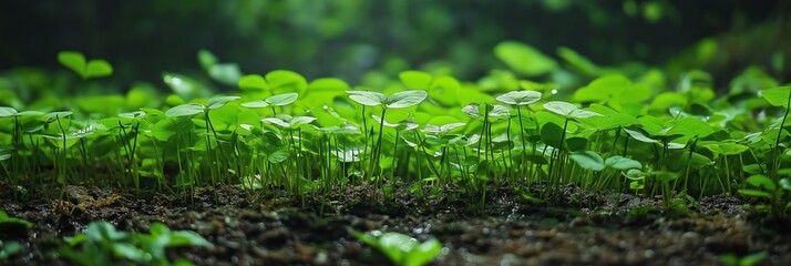 Close-up photo of fresh green leaves in a forest, illuminated by natural sunlight, demonstrating growth and nature's beauty.