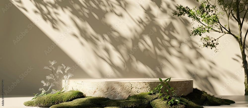 Aufkleber Ideal for showcasing beauty products against a moss covered stone podium with a soft beige backdrop complemented by tree shadows offering ample space for text or images