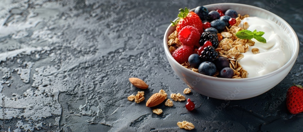 Poster a delicious bowl of granola with berries almonds and yogurt on a textured gray table in a flat lay c