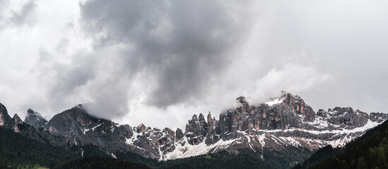 Panoramic view of the Rosengarten group mountain massif in the Dolomites in South Tyrol, Italy.