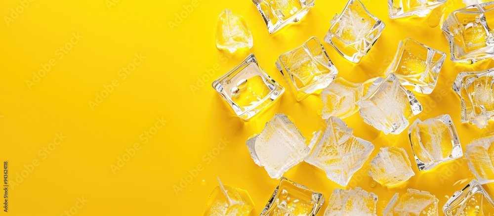 Aufkleber Yellow backdrop featuring transparent ice cubes perfect for text placement in a flat lay copy space image