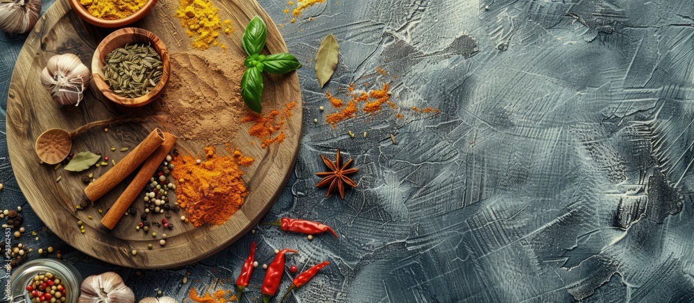Poster Gray textured table with a wooden cutting board and various spices arranged around it in a flat lay composition leaving room for text in the copy space image