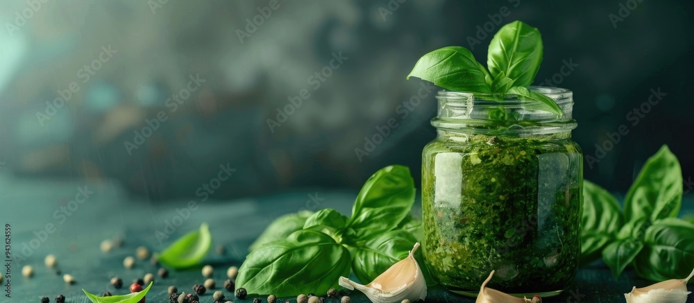 Poster fresh basil leaves and garlic are arranged around a glass jar of pesto sauce in a visually appealing