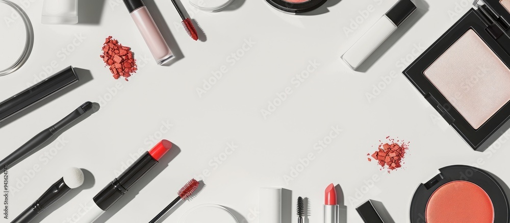 Leinwandbilder top view of beauty products like lipstick eyeshadow and mascara arranged surrounding a white backgro
