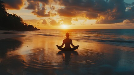 A calm beach scene with a person practicing yoga at sunset, merging fitness with the soothing effects of nature for mental health.