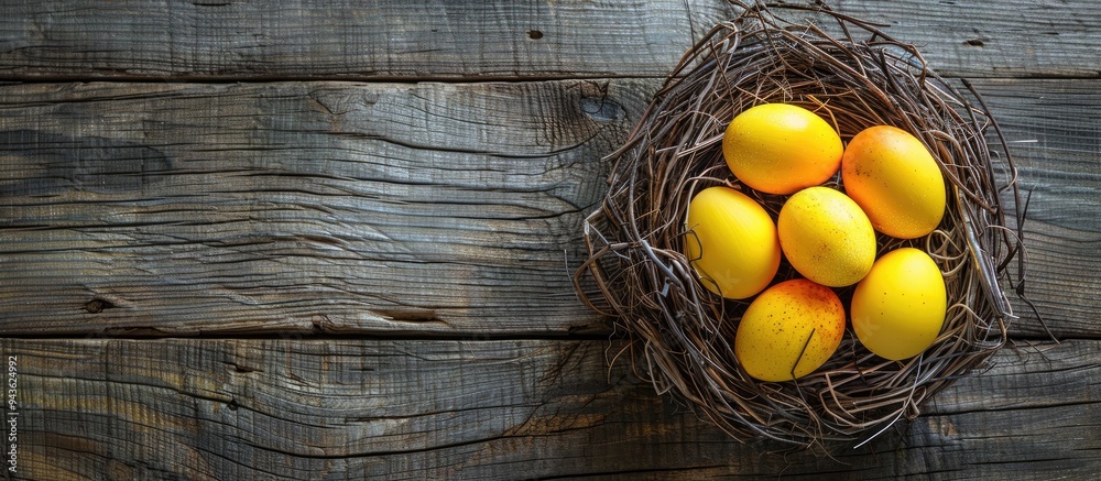 Poster celebrate easter with vibrant yellow eggs in a nest on a wooden table a creative top view decoration