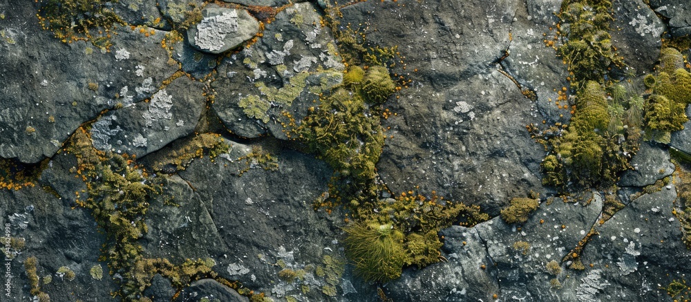 Poster Close up view from above showing the detailed texture of stone with moss and lichen ideal for a wallpaper with copy space image
