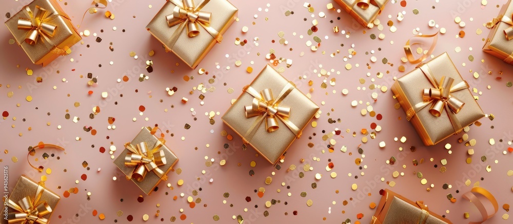 Poster Top view of golden gift boxes alongside confetti on a colorful backdrop with copy space image