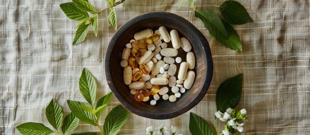 Aufkleber Flat lay view from above showing alternative homeopathic remedies herbal supplements healthcare items and pills neatly arranged in a container with an opened protective membrane creating a copy space