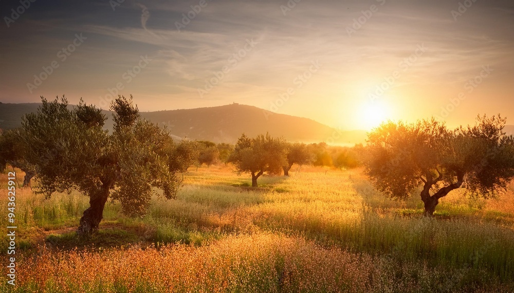 Poster sunrise over olive field