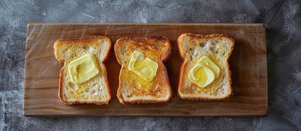 Poster Top down view of buttered toast slices on a wooden surface against a gray backdrop ample copy space image available
