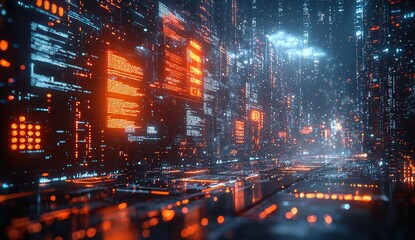 Obraz premium Digital background featuring digital elements like floating windows, panels, and holograms with an orange and blue color scheme. 