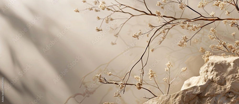 Aufkleber stone and dry branches in a natural setting on a beige background ideal for beauty products branding