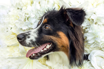 A mini aussie dog with a happy face in front of a white flower background