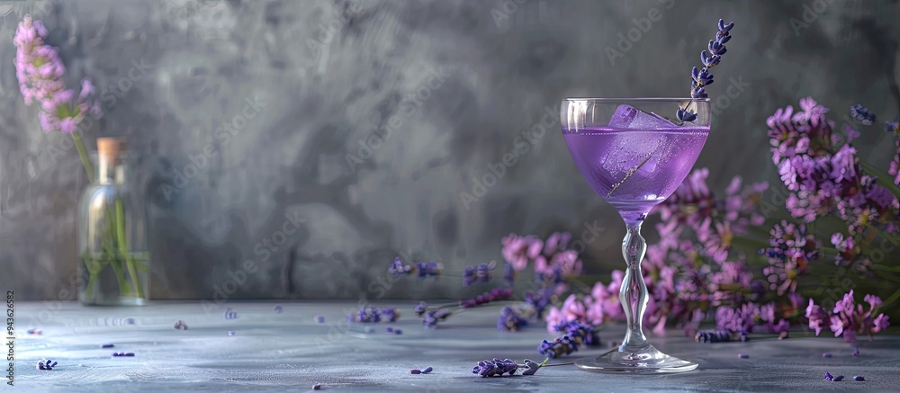 Poster gray background setting the stage for a lavender gin cocktail in a glass with ample copy space image