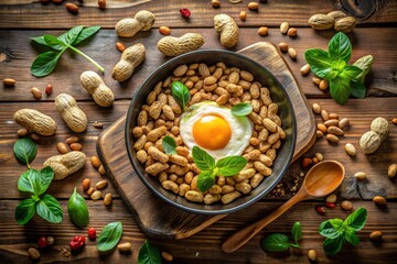 Fototapeta premium Vibrant rustic kitchen scene sunlit overhead natural light emphasizing textural contrasts between crunchy peanuts crispy fried egg silky fresh basil
