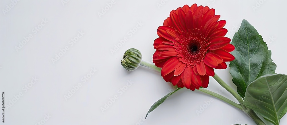 Leinwandbilder close up shot of a red gerbera flower with green leaves in a studio setting featuring a white backgr