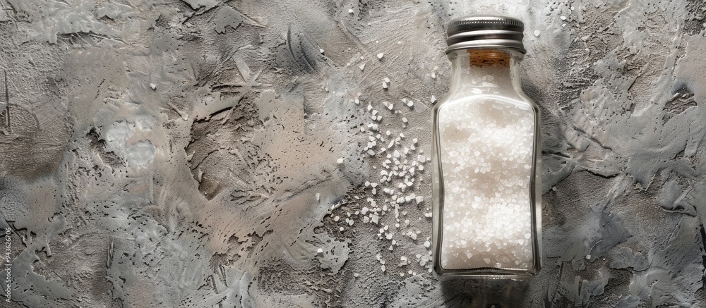 Poster Top down view of a salt shaker placed on a textured grey surface with copy space image available for adding text