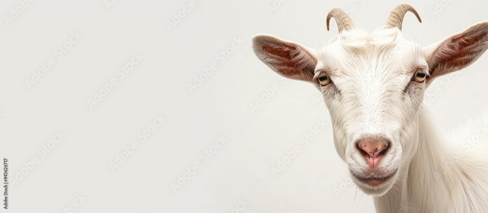 Poster a white goat set against a white backdrop offering room for text with a copy space image